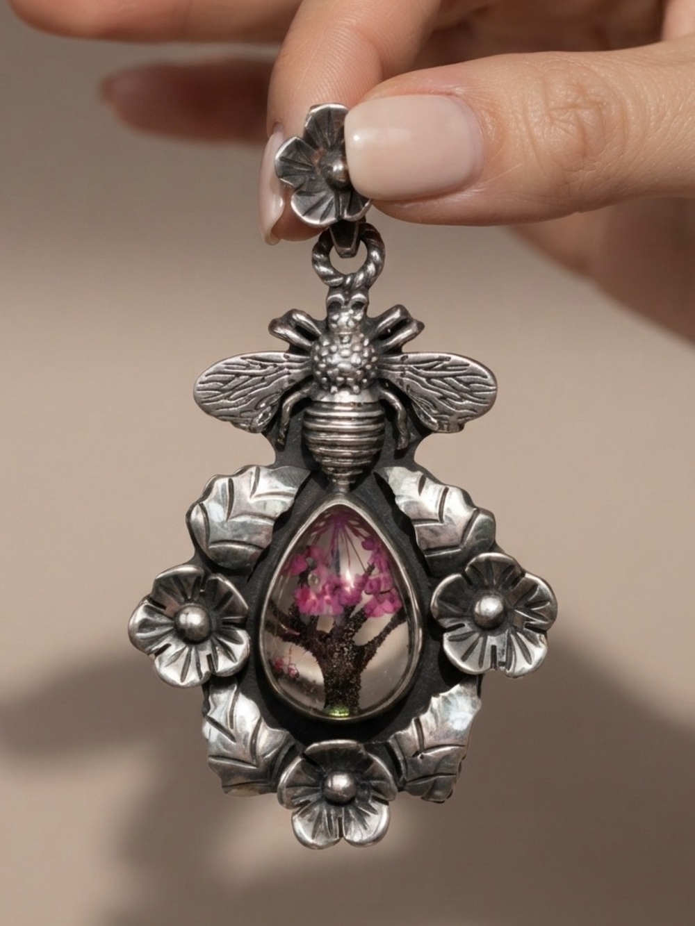 Large Solid 925 Silver Bee Pendant w/pink,black tree design onTeardrop rock